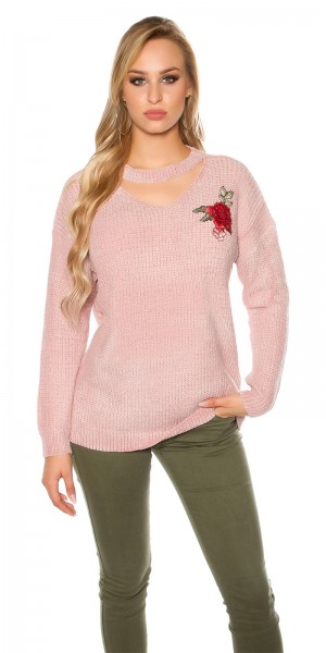 Koucla Trendy Grobstrick Pulli mit Blumenstickerei