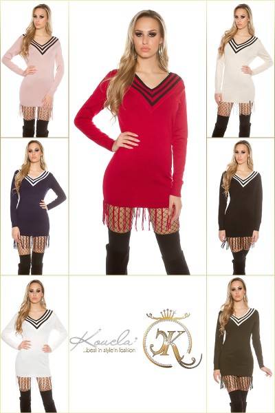 Koucla Trendy KouCla V-Cut Strickkleid Mit Fransen