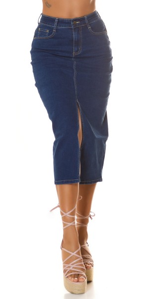 Koucla Sexy Dark Denim Highwaist Midi Rock Mit Schlitz