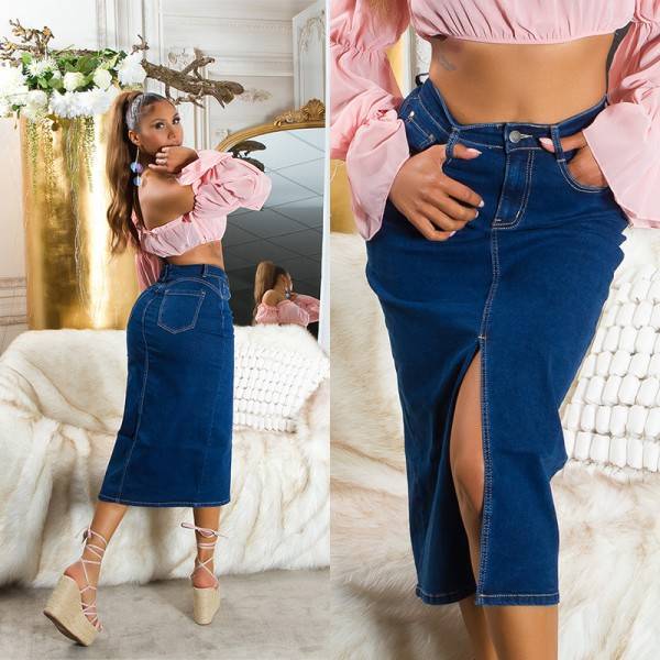 Koucla Sexy Dark Denim Highwaist Midi Rock Mit Schlitz