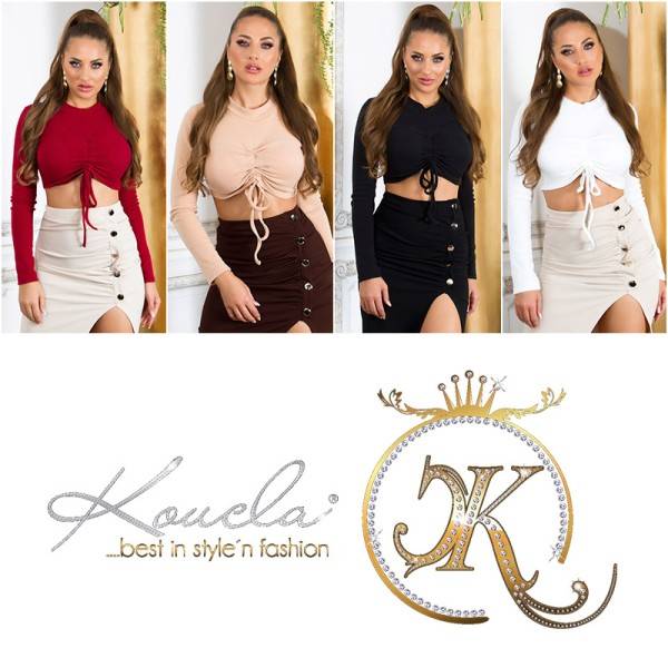 Koucla Sexy Feinstrick Langarm Crop Top Mit Raffung