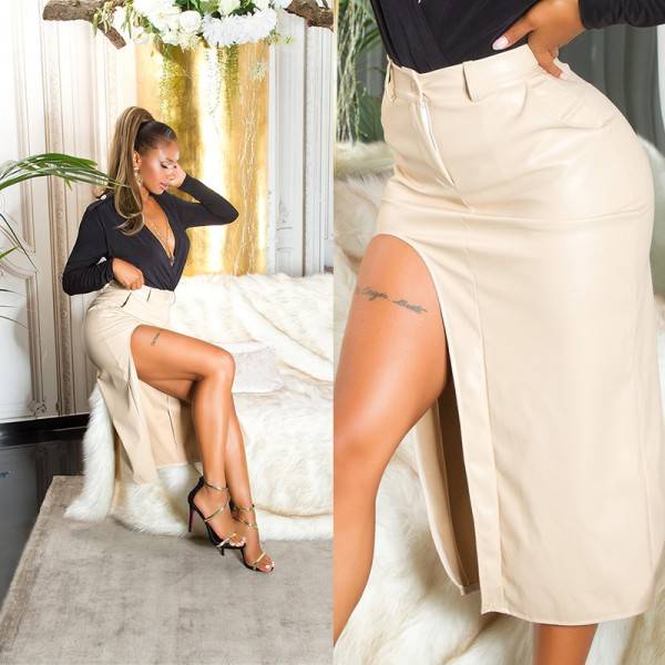 Koucla Sexy Highwaist Leder Look Midirock Mit Beinschlitz