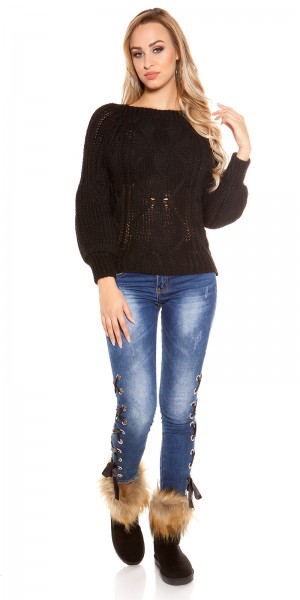 Koucla Sexy Koucla-Grobstrickpulli Glockenärmel&Rundhals