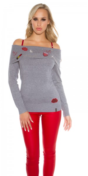 Koucla Sexy Koucla Pulli Schulterfrei M.Strass+Aufnähern