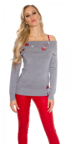 Koucla Sexy Koucla Pulli Schulterfrei M.Strass+Aufnähern