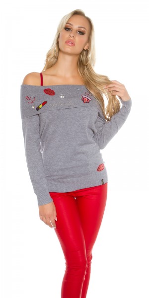 Koucla Sexy Koucla Pulli Schulterfrei M.Strass+Aufnähern