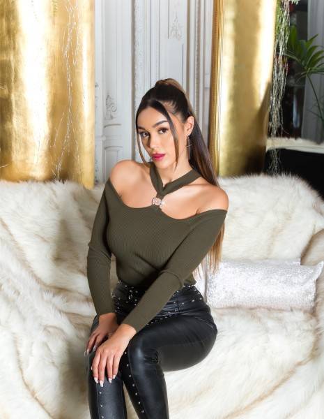 Koucla Sexy KouCla Ripp Pulli Mit Cut Out Und Strass