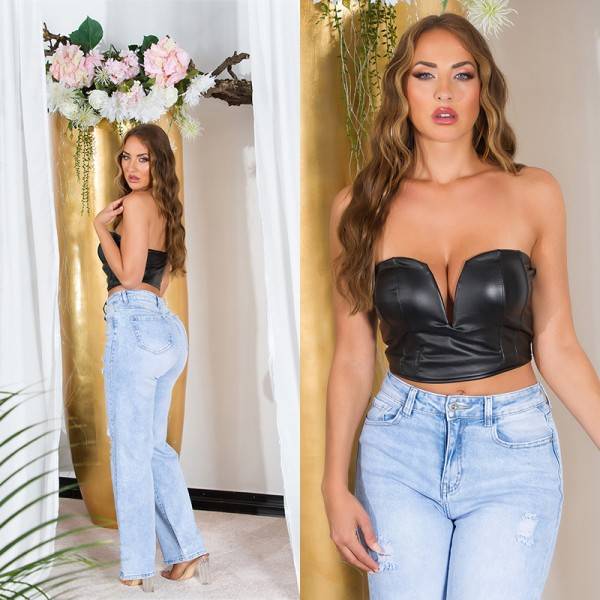 Koucla Sexy Kunstleder Crop Bandeau Top Mit V-Ausschnitt