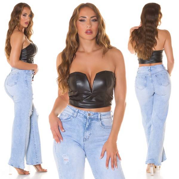 Koucla Sexy Kunstleder Crop Bandeau Top Mit V-Ausschnitt