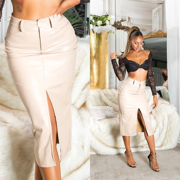 Koucla Sexy Leder Look Highwaist Midirock Mit Schlitz