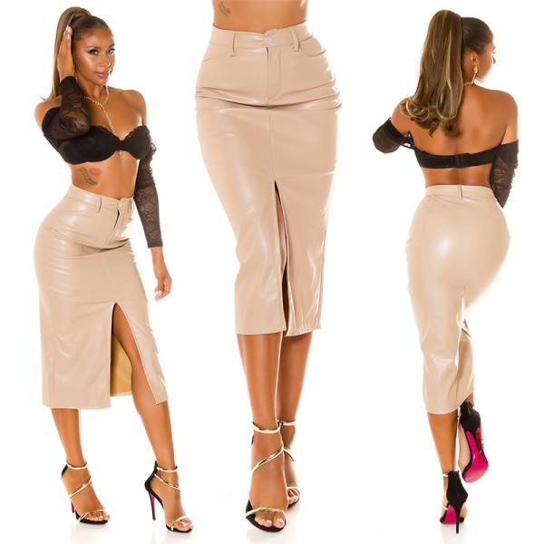 Koucla Sexy Leder Look Highwaist Midirock Mit Schlitz