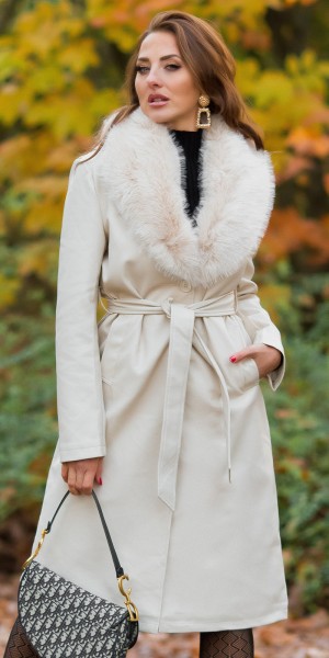 Koucla Sexy Leder Look Wintermantel mit Kunstfell Details