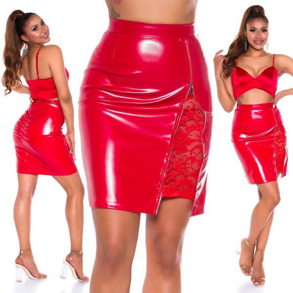Koucla Sexy Midi Kunstleder Rock Mit Zipper Und Spitze