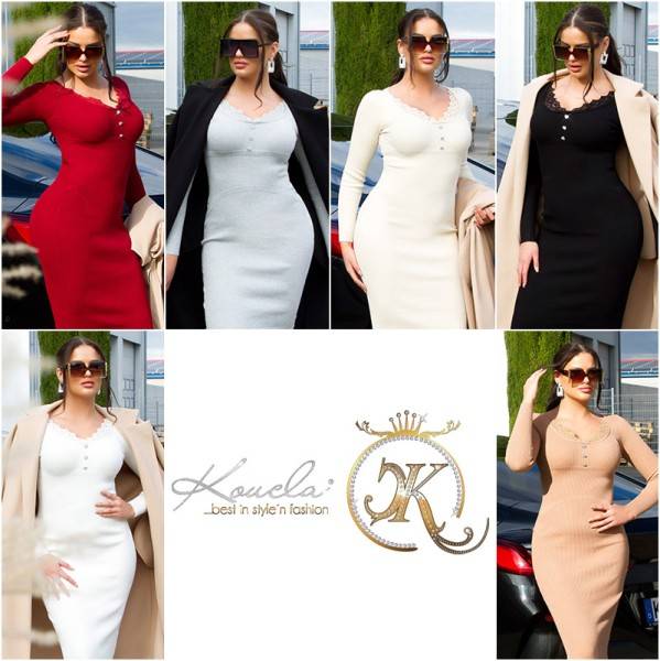 Koucla Sexy Midi Strickkleid Mit Spitze Und Knöpfen