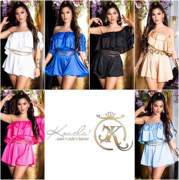 Koucla Sexy Off-Shoulder Satin- Look Overall Mit Volants