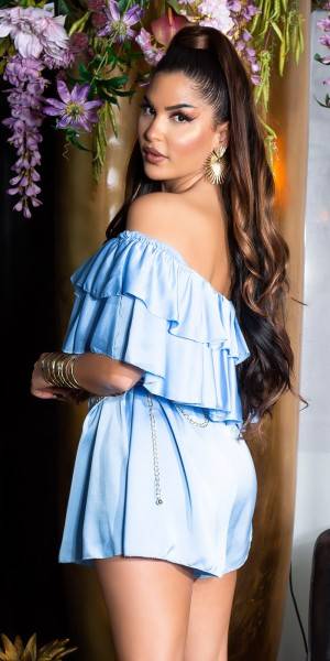 Koucla Sexy Off-Shoulder Satin- Look Overall Mit Volants