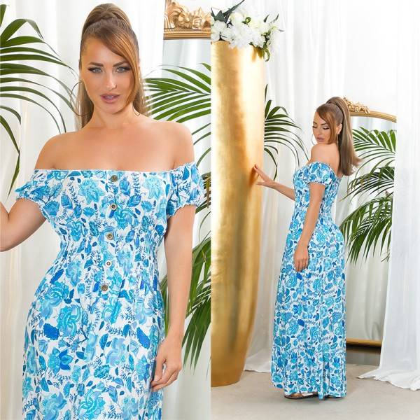Koucla Sexy Off-shoulder Sommer Maxikleid Mit Deko Knöpfen