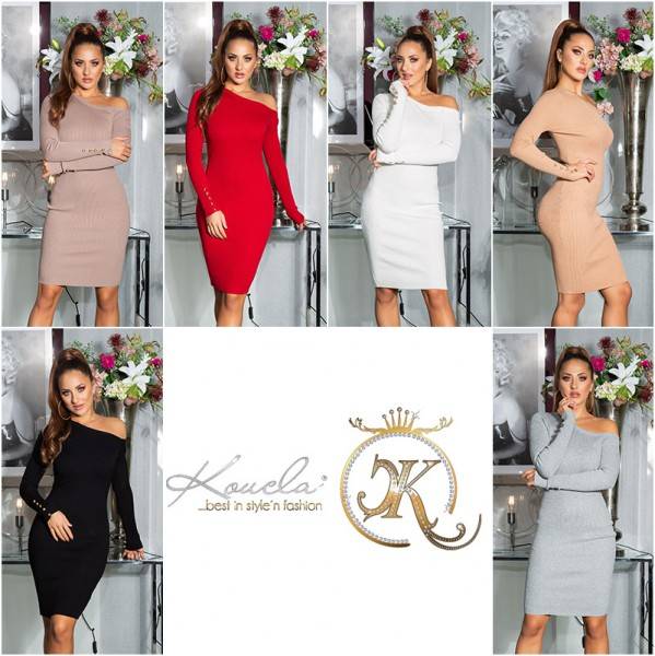 Koucla Sexy One-Shoulder Strickkleid Mit Deko Knöpfen