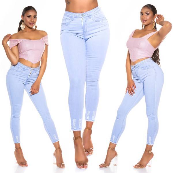 Koucla Sexy Skinny Washed-Look Jeans Mit Geripptem Saum