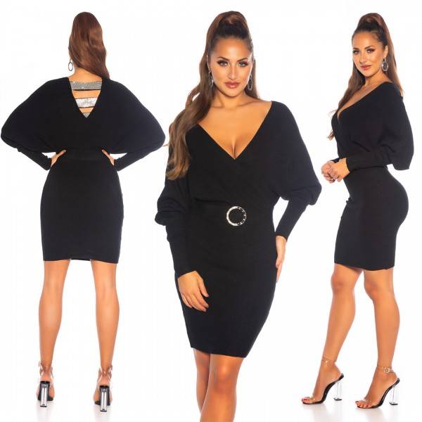 Koucla Sexy V-Ausschnitt Strickkleid Mit Deko Schnalle