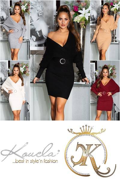 Koucla Sexy V-Ausschnitt Strickkleid Mit Deko Schnalle