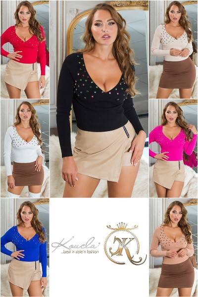 Koucla Sexy V-Neck Crop-Pullover Mit Bunten Glitzernieten