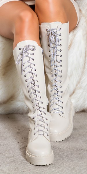 Koucla Trendy Stiefel Biker-Look mit Glitzer-Schnürsenkel