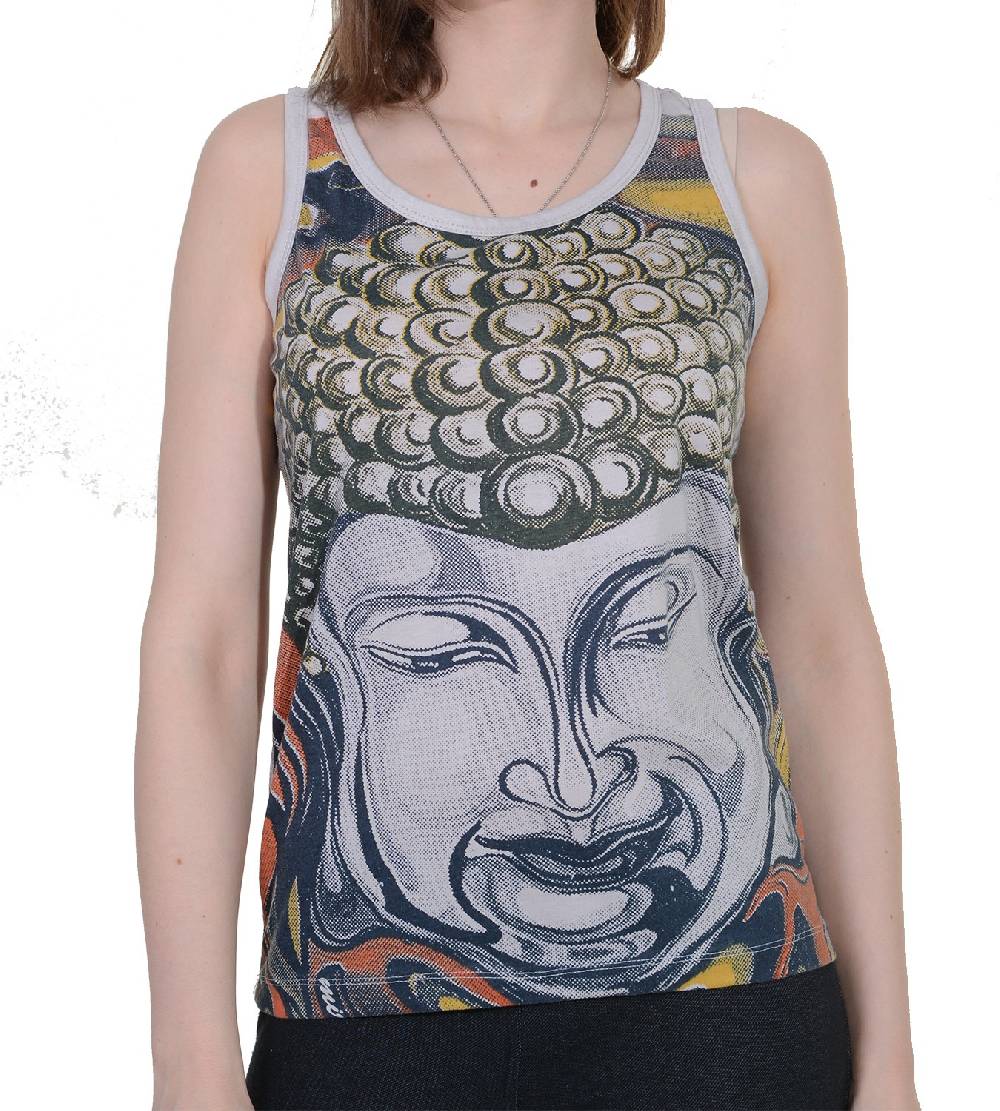 Kunst Und Magie 70er Retro Buddha Träger Tank-Top Tunika T-Shirt in Weiß