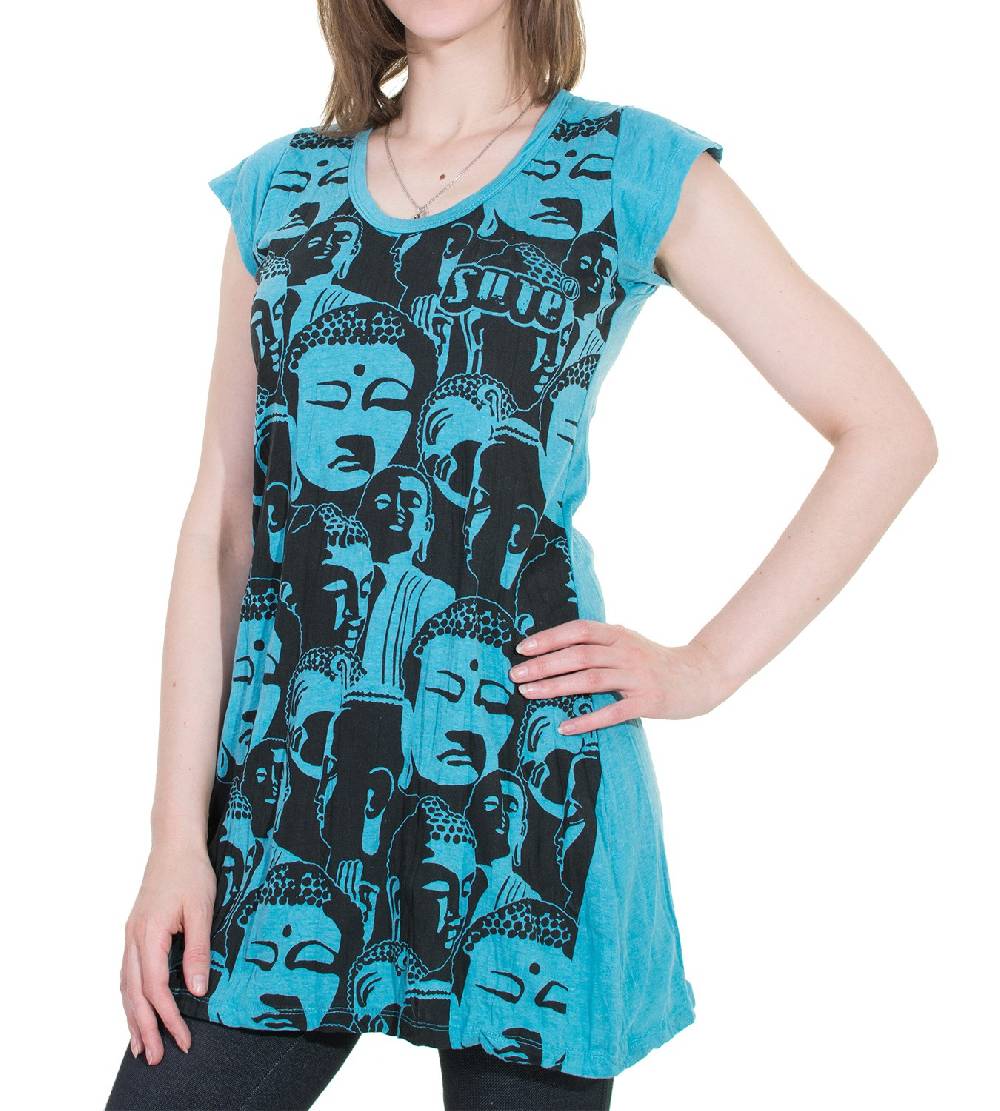 Kunst Und Magie 70er Retro Longshirt Minikleid Sure Psy Goa T-Shirt Mit Buddha Köpfen
