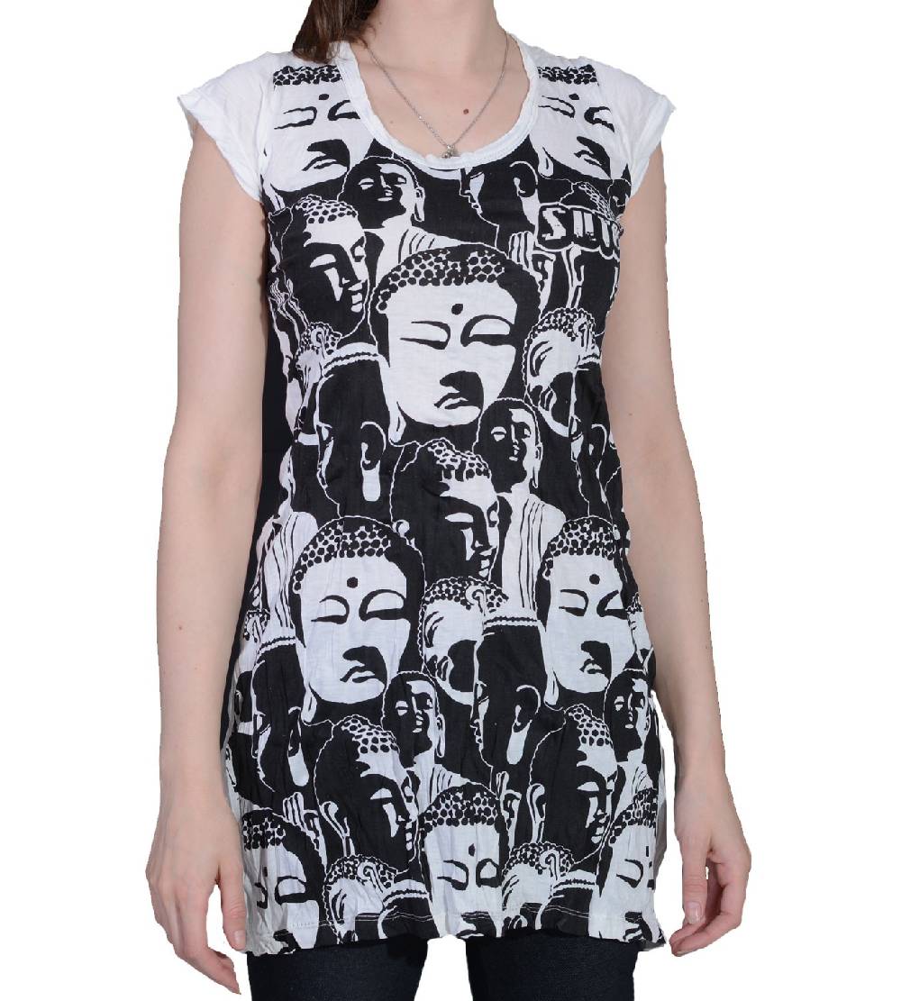 Kunst Und Magie 70er Retro Longshirt Minikleid Sure Psy Goa T-Shirt Mit Buddha Köpfen