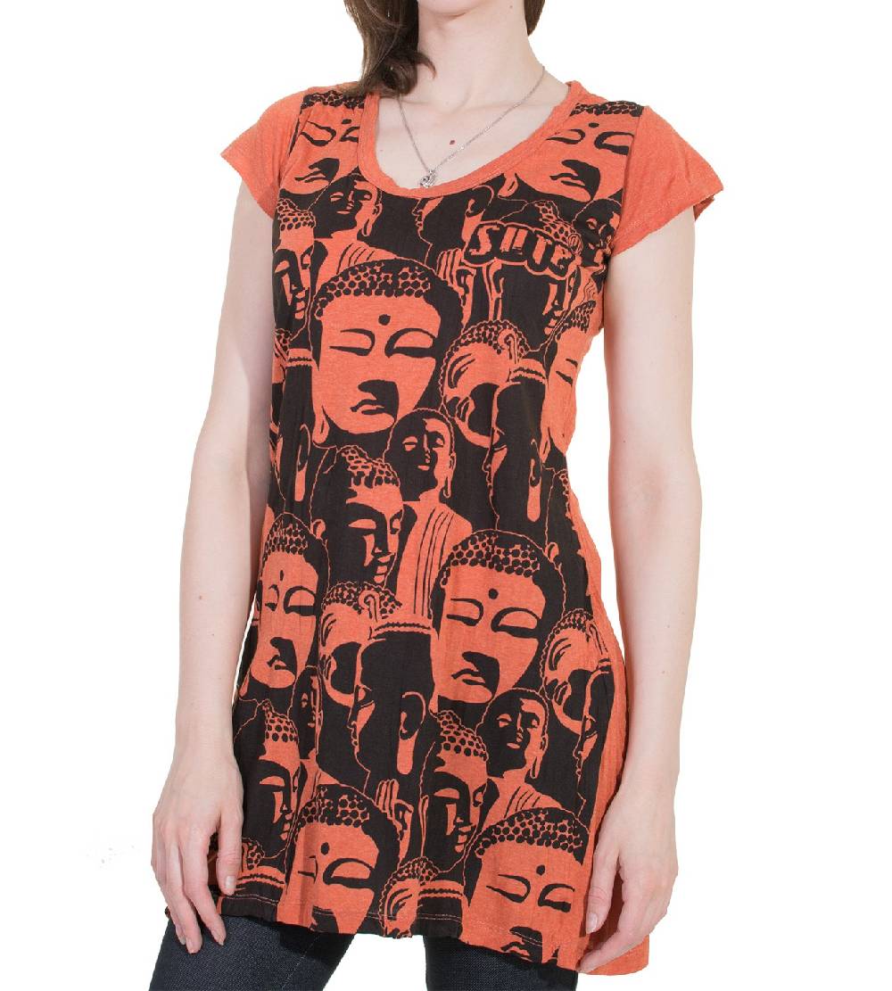 Kunst Und Magie 70er Retro Longshirt Minikleid Sure Psy Goa T-Shirt Mit Buddha Köpfen