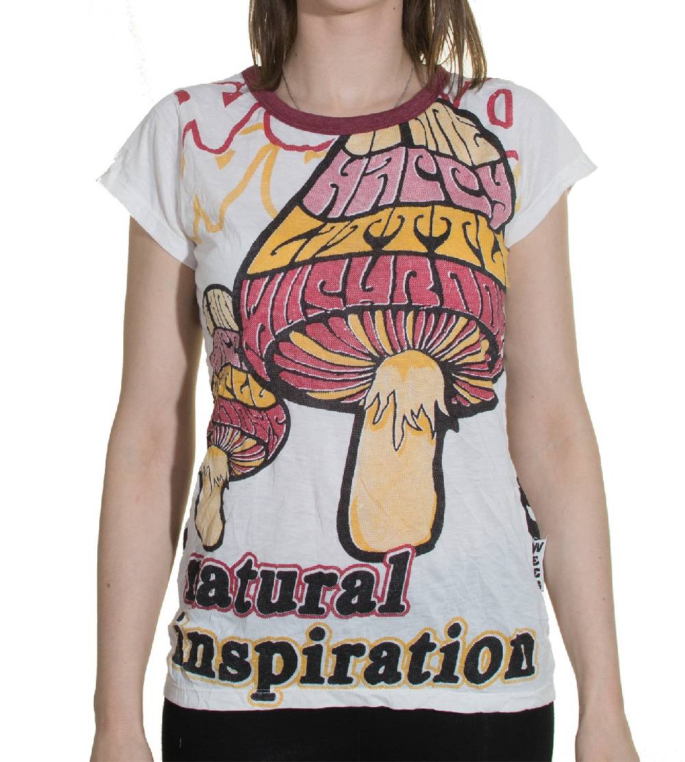 Kunst Und Magie 70er Retro Top Sure Magic Mushroom Psy Goa T-Shirt Girlie Weiß