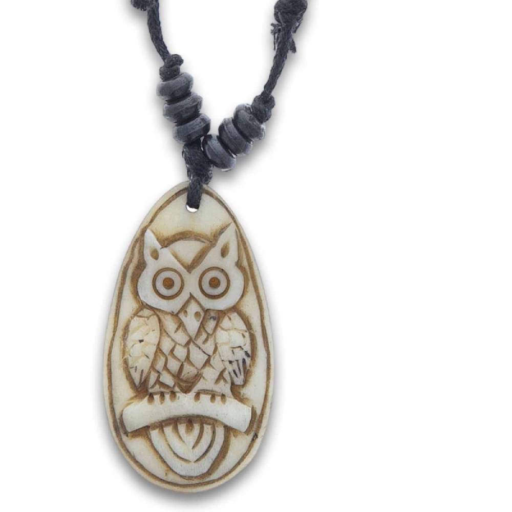 Kunst Und Magie Amulett Anhänger Talisman Eule Handgeschnitzt mit Textilband Schutz und Weisheit