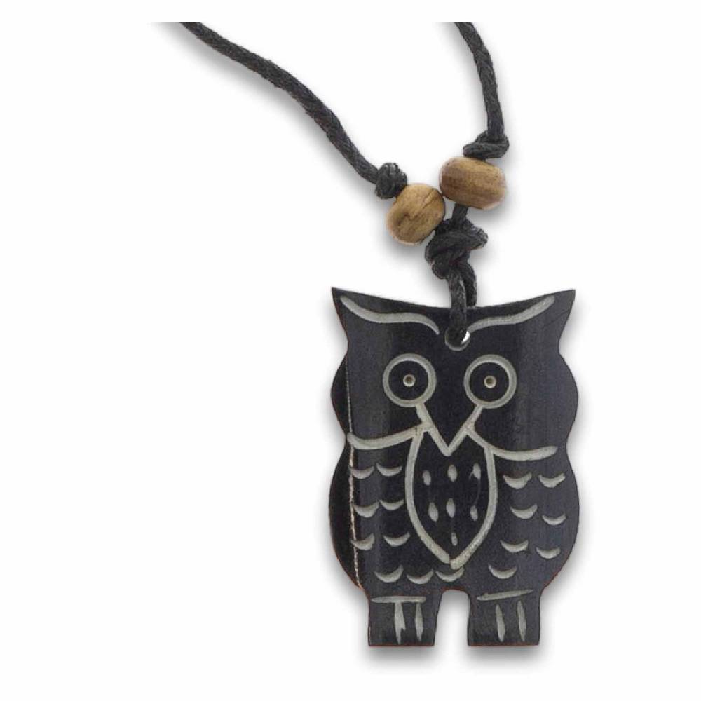 Kunst Und Magie Amulett Anhänger Talisman Eule Handgeschnitzt mit Textilband Schutz und Weisheit