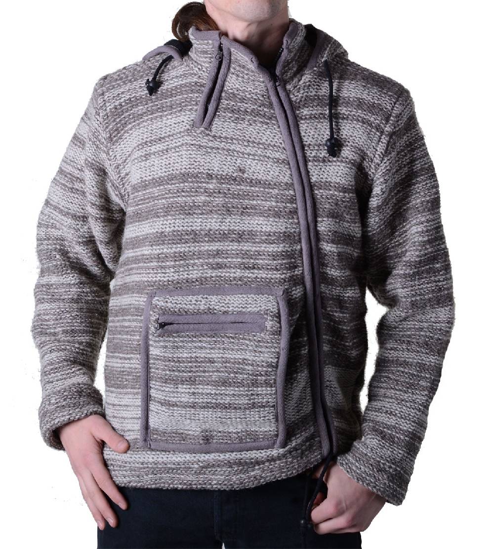 Kunst Und Magie Baja Herren Wolljacke Hippie Goa Strick Poncho Fleecefutter und Zipfelkapuze
