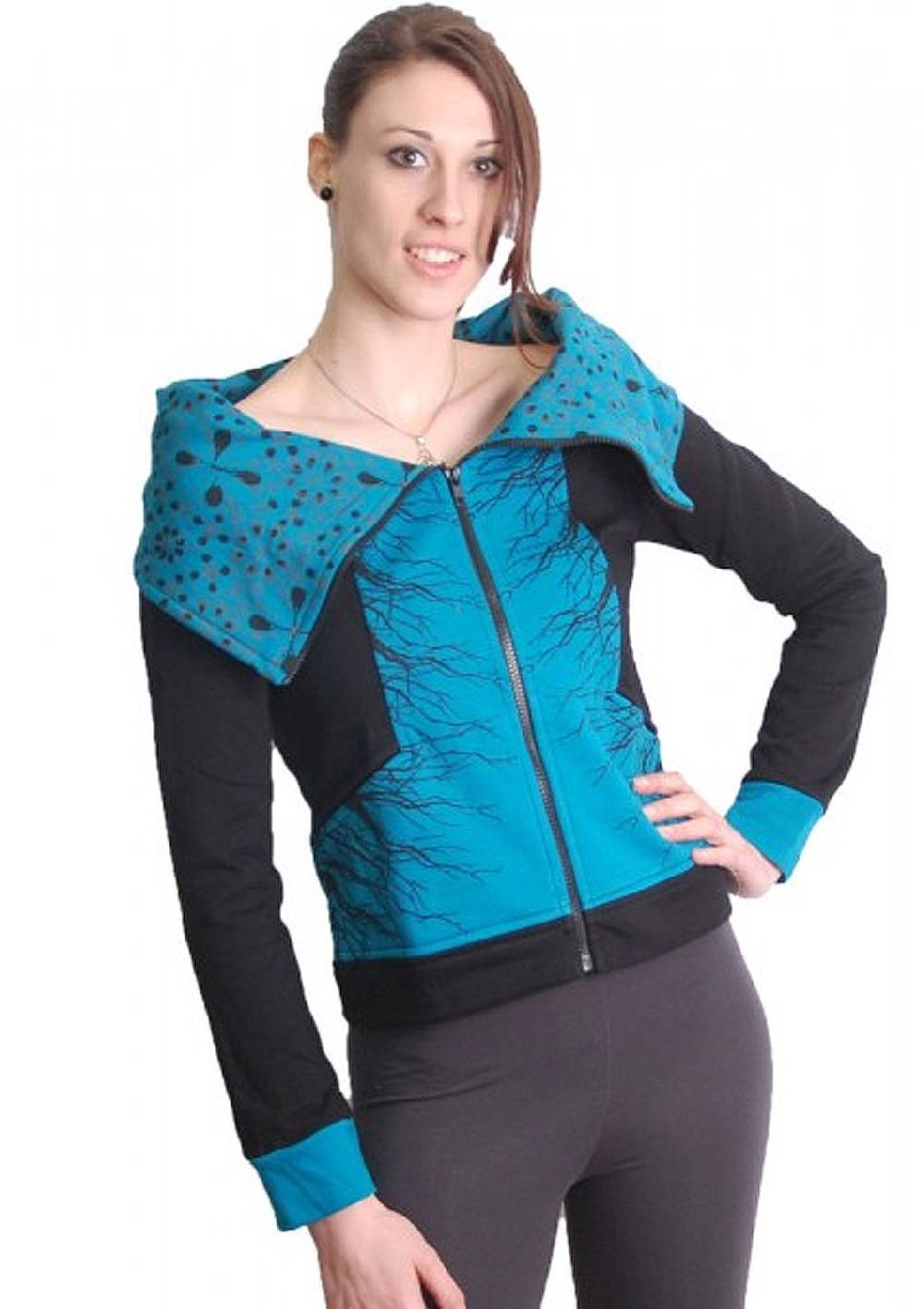 Kunst Und Magie Blau-Schwarze Boho Jacke Sweatjacke mit Rollkragen Kunst Und Magie Blau-Schwarze Boho Jacke Sweatjacke mit Rollkragen