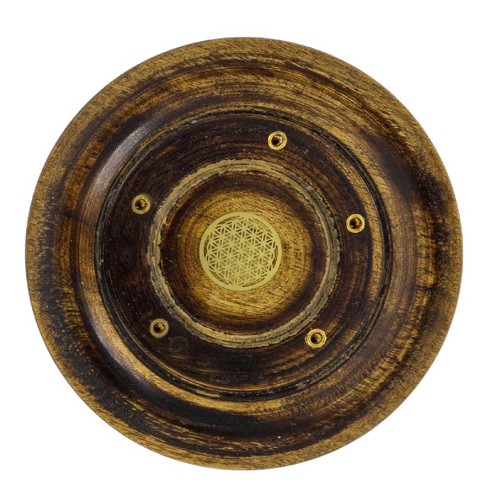 Kunst Und Magie Blume des Lebens Halter für Räucherstäbchen Kegel Räucherstäbchenhalter aus Holz Rund 10cm