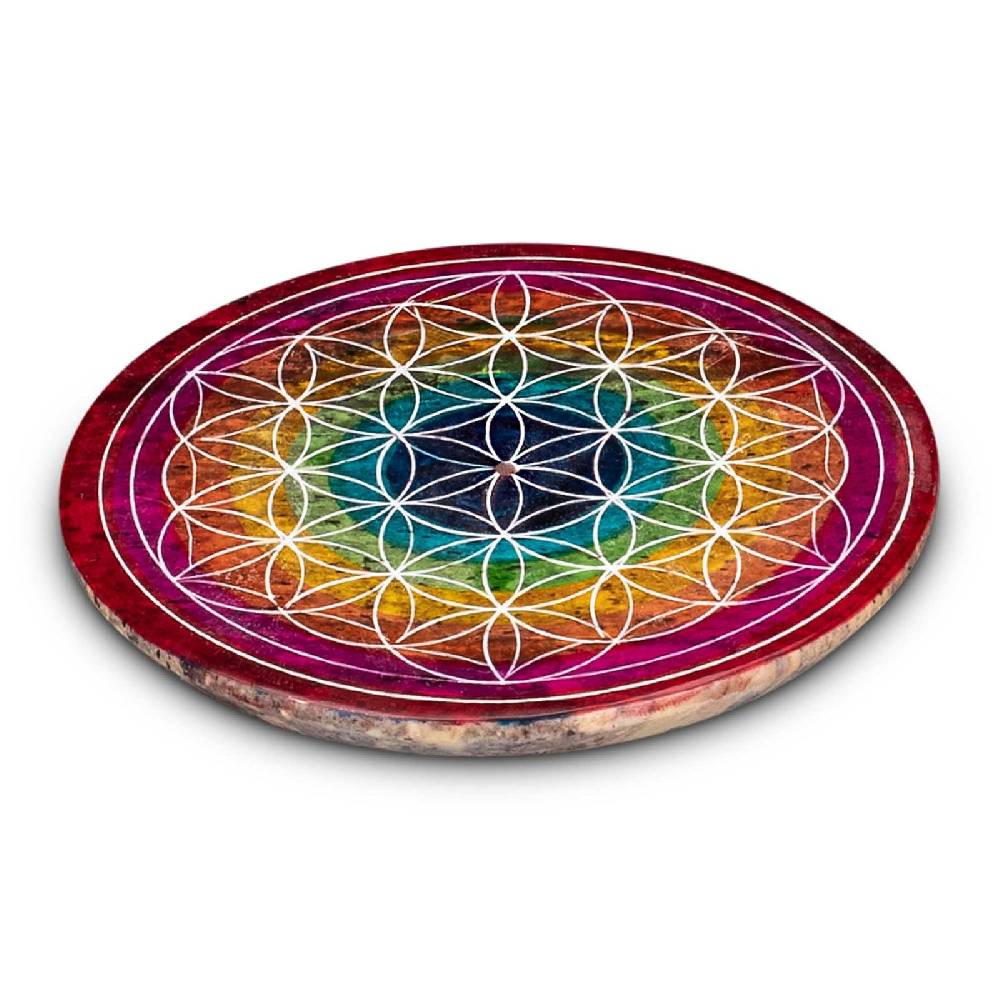 Kunst Und Magie Blume des Lebens Halter für Räucherstäbchen und Kegel Räucherstäbchenhalter aus Speckstein 10cm