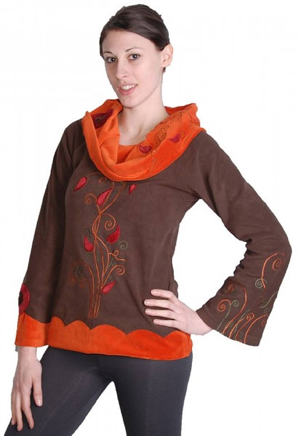 Kunst Und Magie Boho Fleece Pullover mit Rollkragen aus Samt braun/orange
