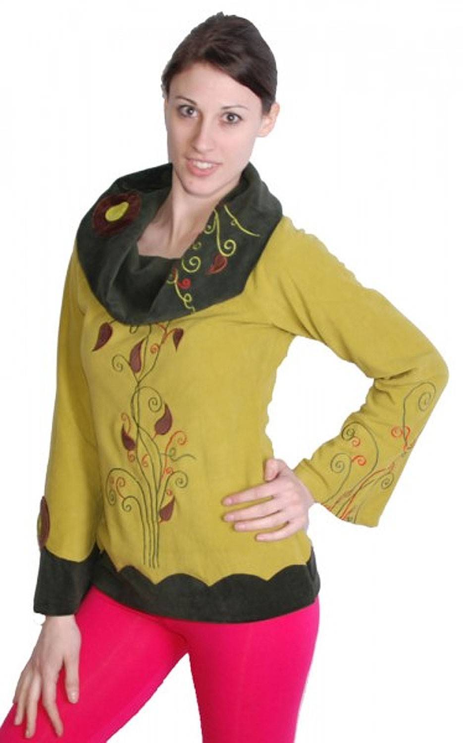 Kunst Und Magie Boho Fleece Pullover mit Rollkragen aus Samt senffarben