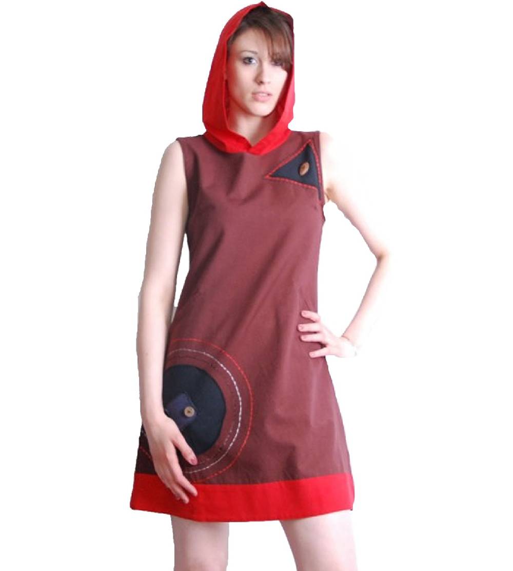 Kunst Und Magie Boho Hippie Tunika Minikleid Longshirt mit Kapuze in Braun