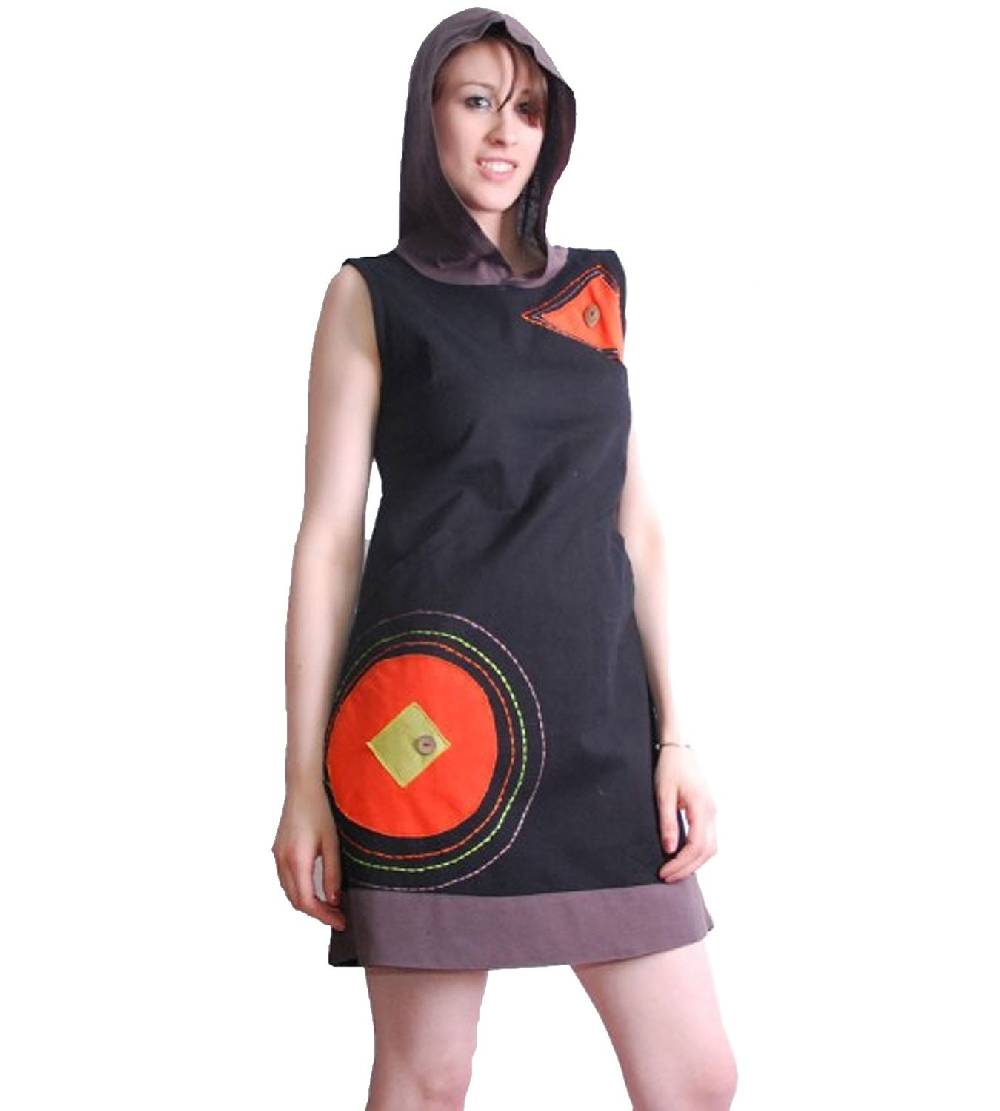 Kunst Und Magie Boho Hippie Tunika Minikleid Longshirt mit Kapuze schwarz/orange