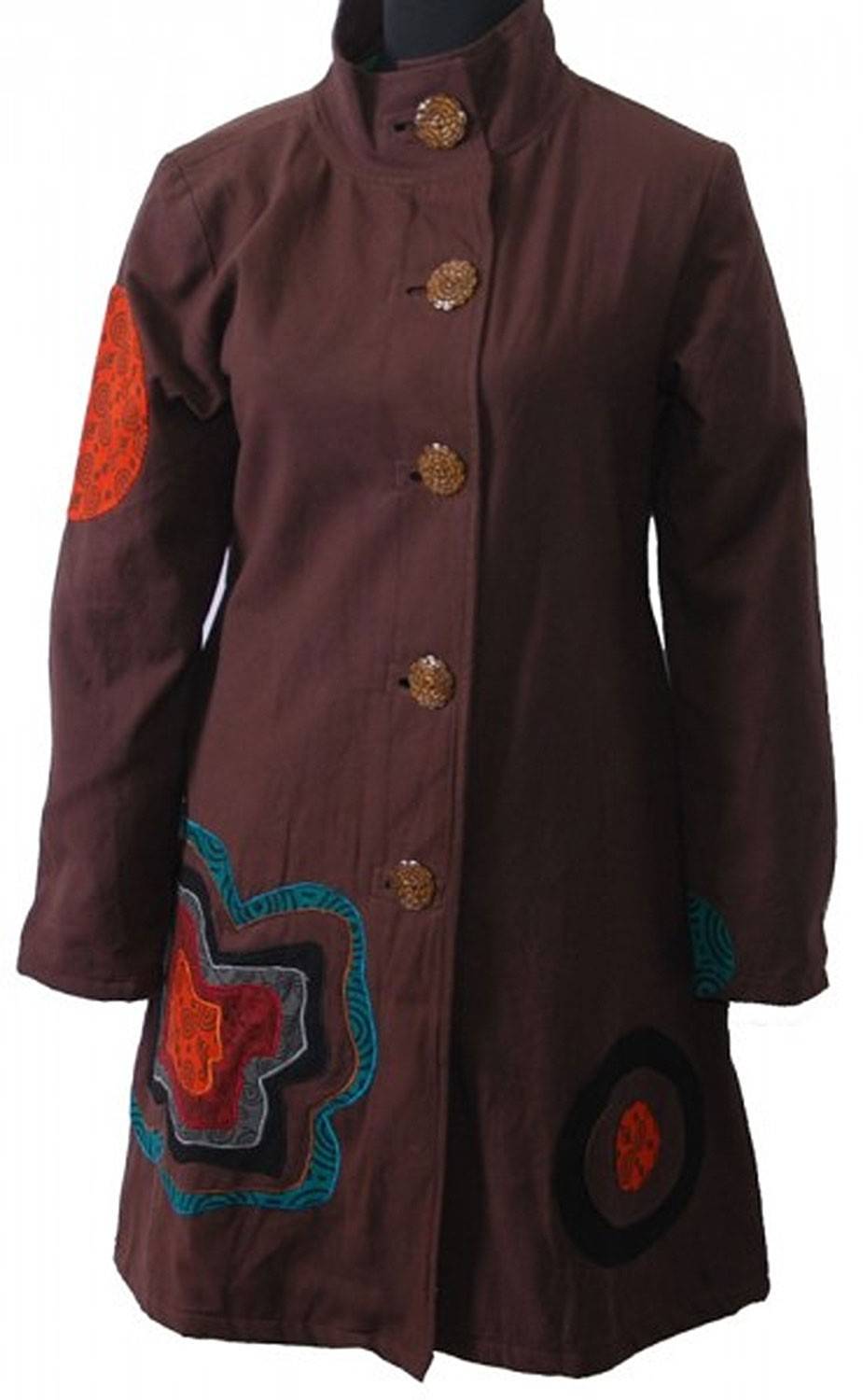 Kunst Und Magie Boho Mantel / Jacke Goa Psy Hippie Mit Patchwork-Blume Braun