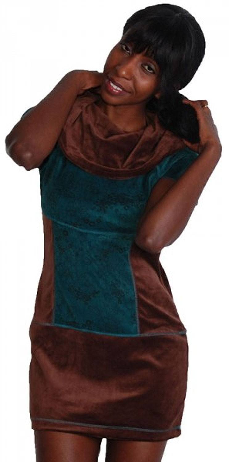 Kunst Und Magie Boho Oberteil aus Samt Tunika Minikleid Longshirt mit Rollkragen Braun / Türkis