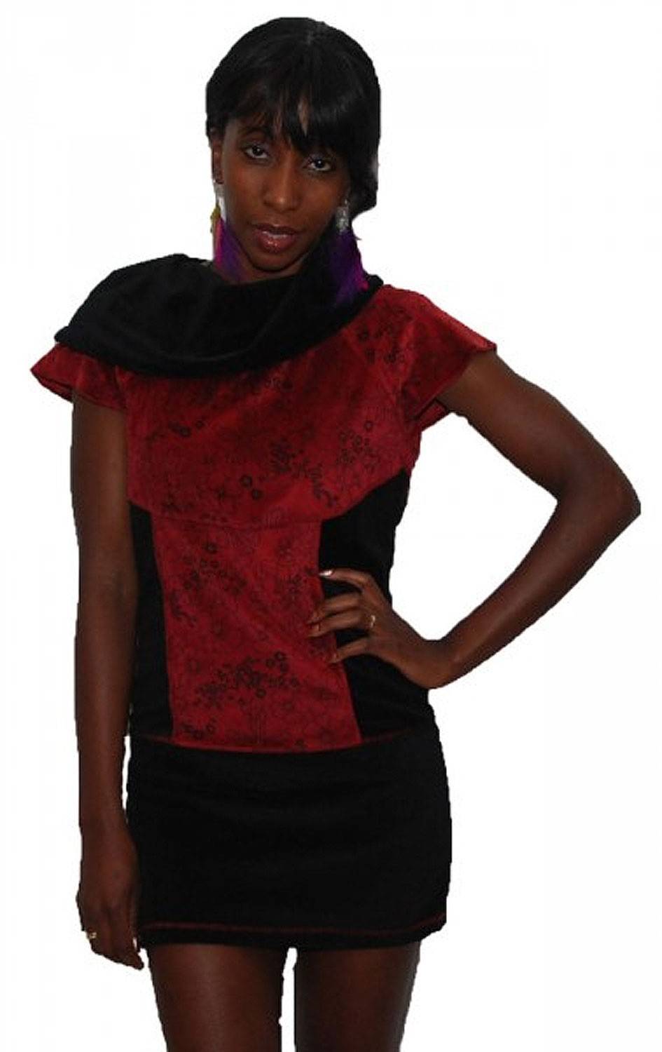 Kunst Und Magie Boho Oberteil aus Samt Tunika Minikleid Longshirt mit Rollkragen Schwarz / Rot