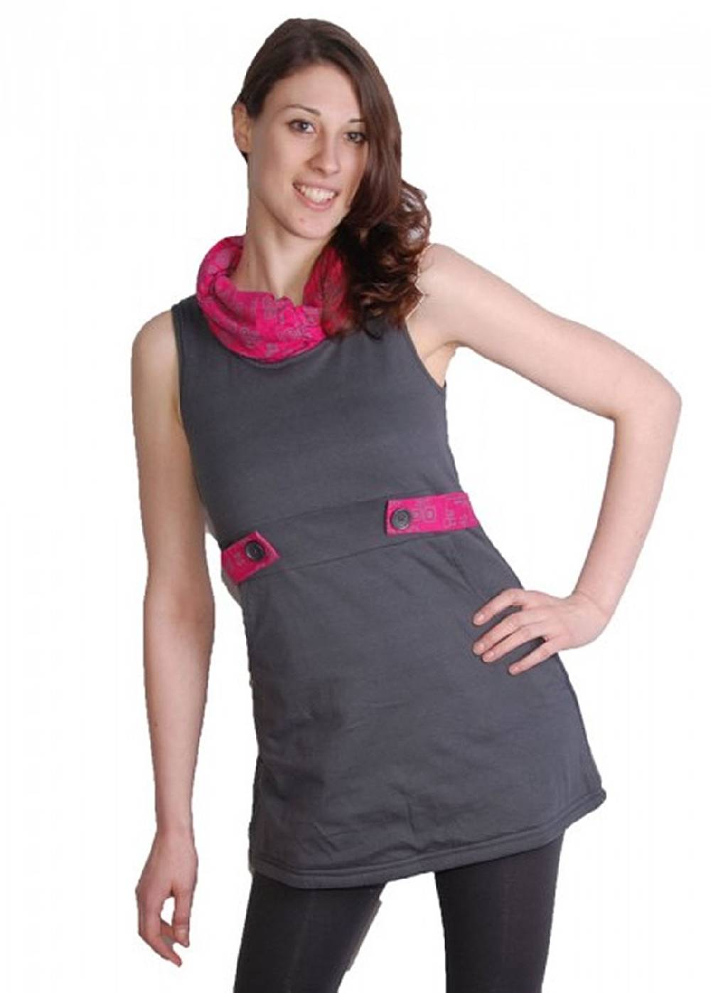 Kunst Und Magie Boho Tunika Minikleid Longshirt mit Rollkragen grau/pink