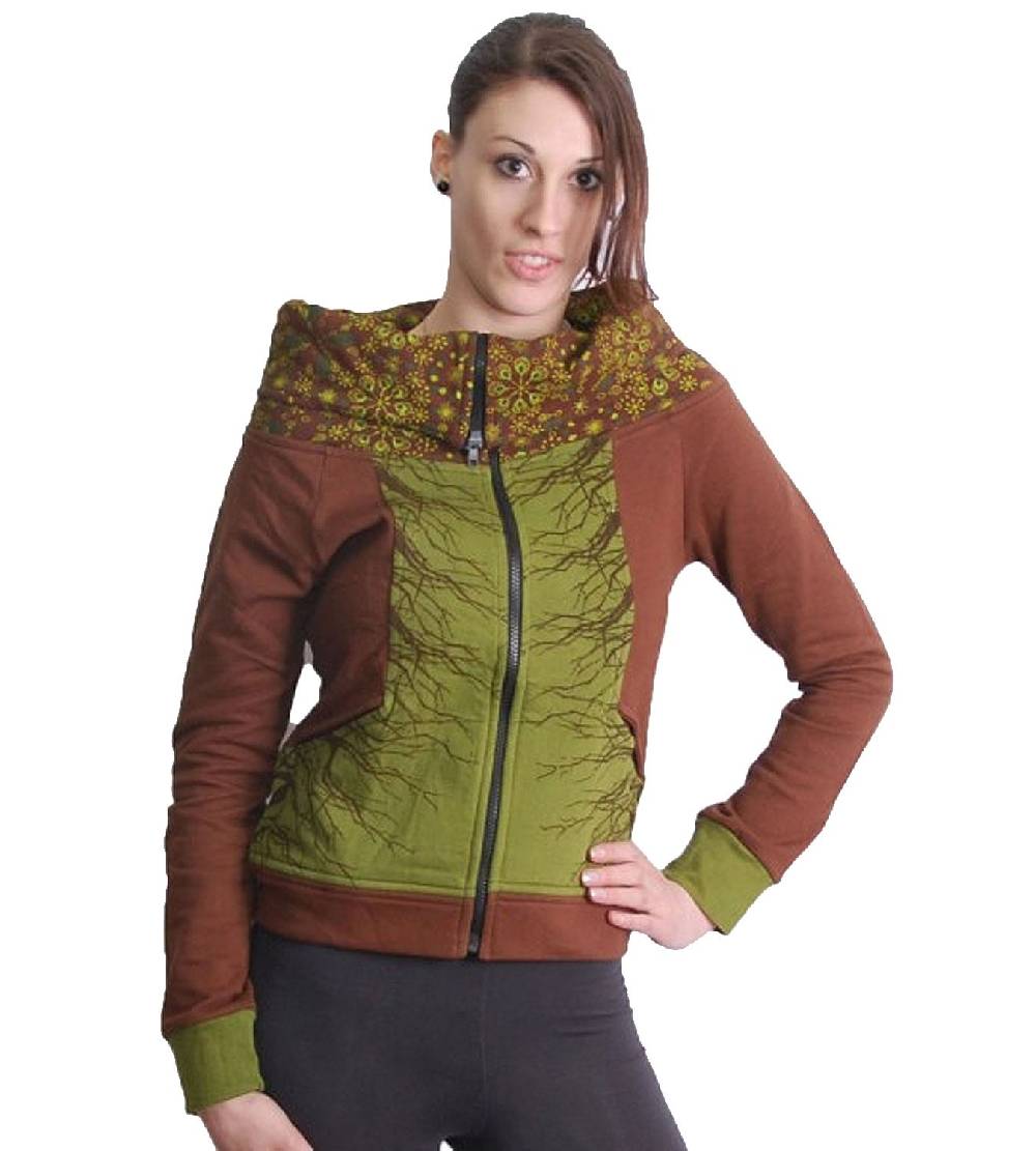 Kunst Und Magie Braun-Grüne Boho-Jacke Sweatjacke mit Rollkragen Kunst Und Magie Braun-Grüne Boho-Jacke Sweatjacke mit Rollkragen