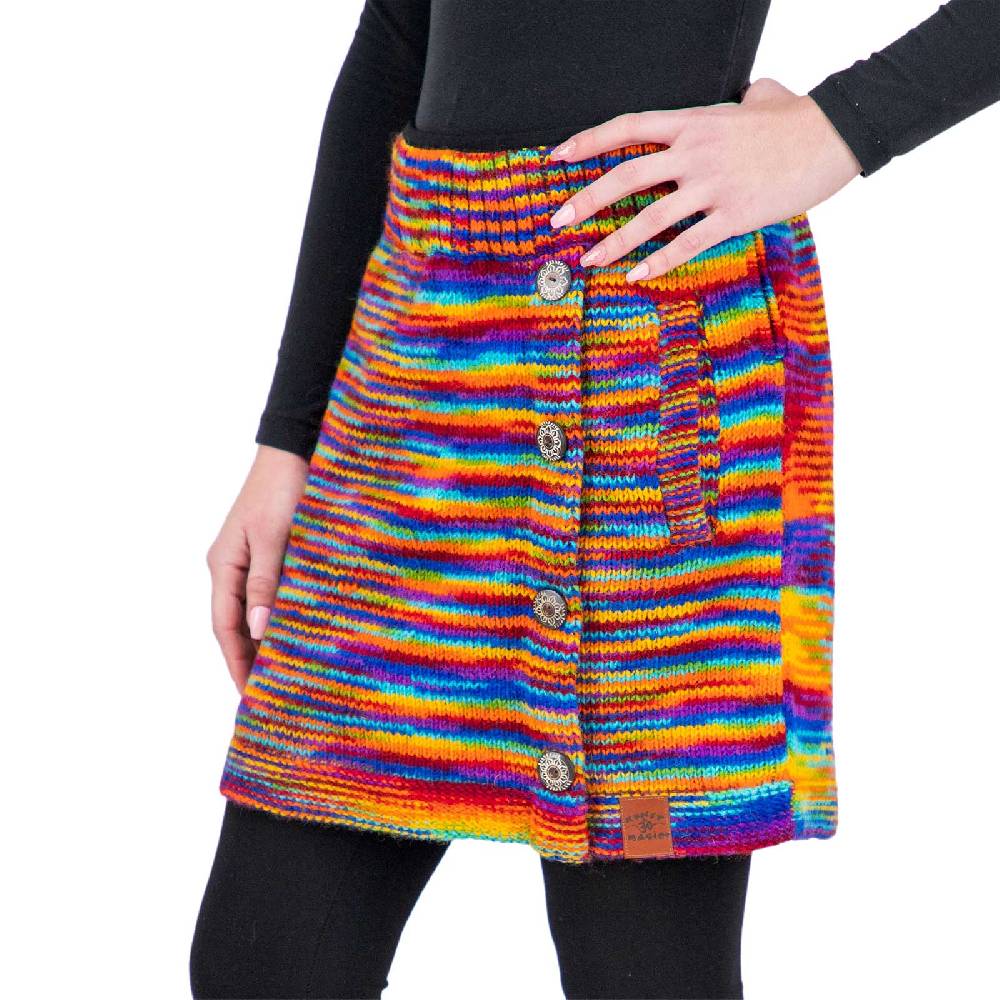 Kunst Und Magie Bunter Strickrock kurzer Rock mit Regenbogen Mustern Wolle gefüttert Hippie Goa Rainbow