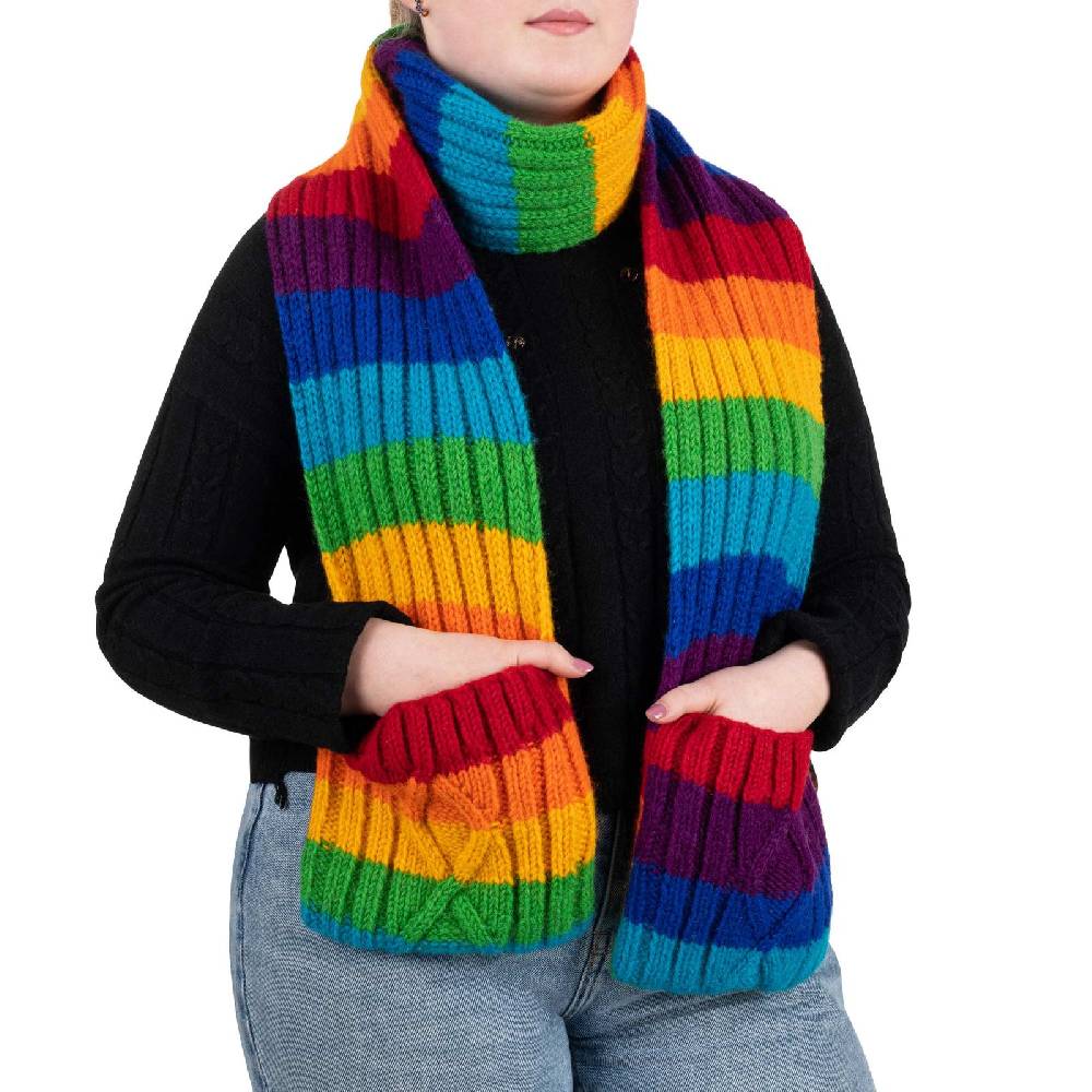 Kunst Und Magie Bunter Wollschal mit Taschen Regenbogen Schal XXL Boho Hippie Goa Rainbow