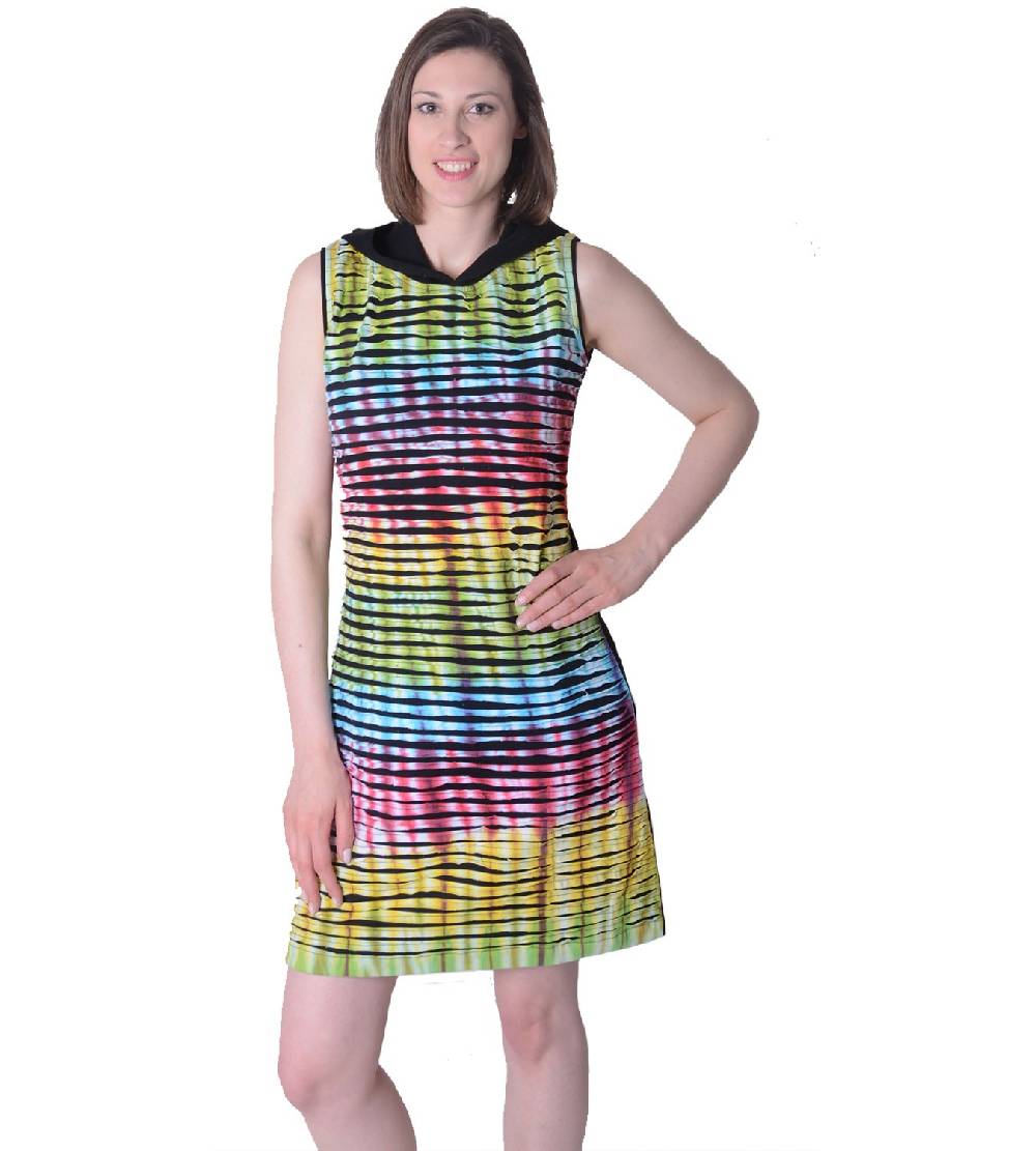 Kunst Und Magie Buntes Hippie Minikleid Tunika mit Kapuze im Cutwork Design - Rainbow Style